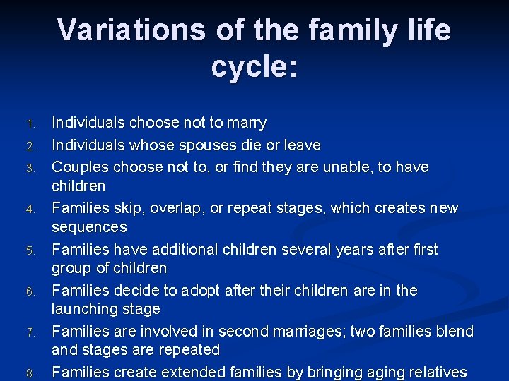 Variations of the family life cycle: 1. 2. 3. 4. 5. 6. 7. 8.