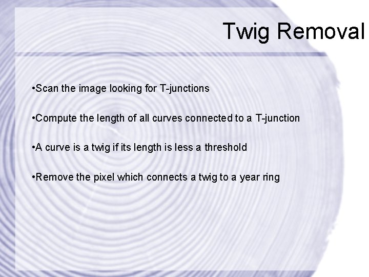 Twig Removal • Scan the image looking for T-junctions • Compute the length of