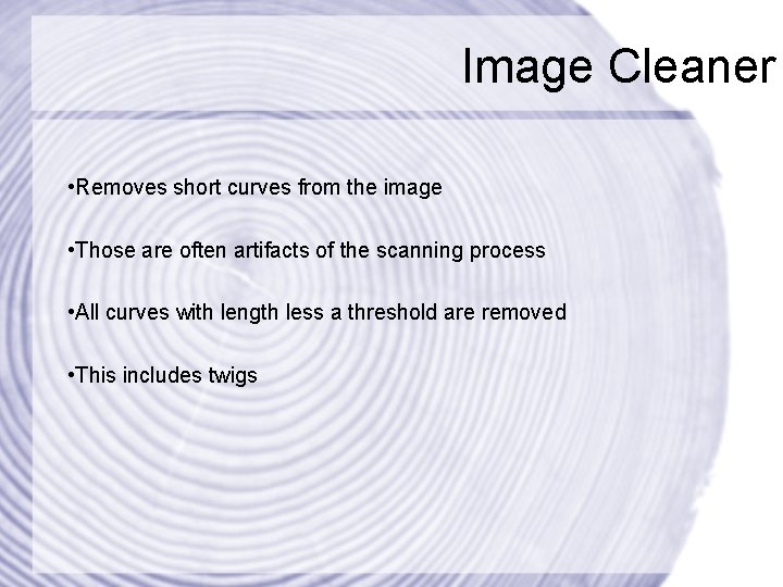Image Cleaner • Removes short curves from the image • Those are often artifacts