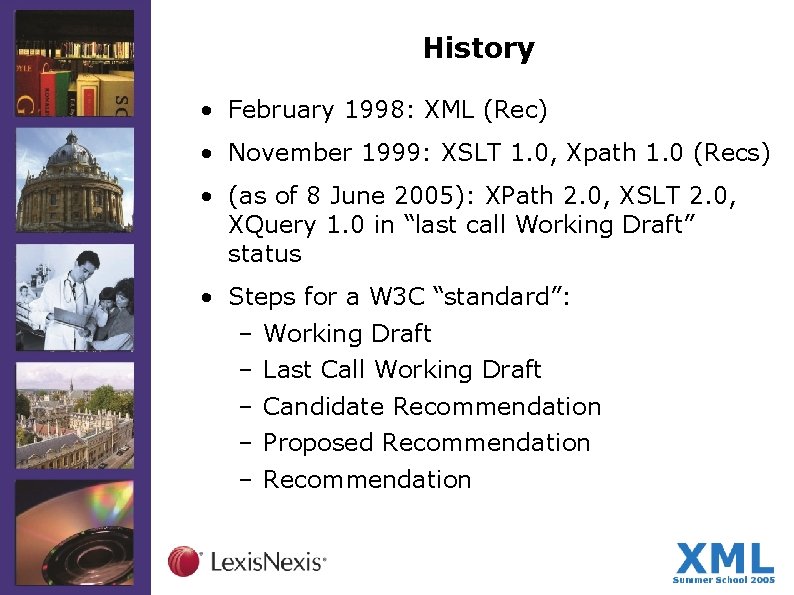 History • February 1998: XML (Rec) • November 1999: XSLT 1. 0, Xpath 1.