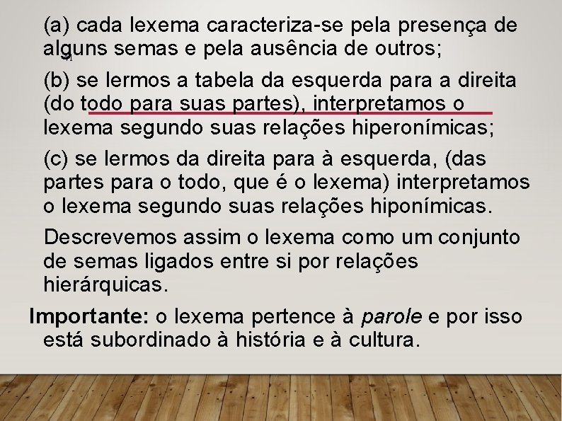 (a) cada lexema caracteriza-se pela presença de alguns semas e pela ausência de outros;