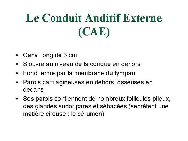 Le Conduit Auditif Externe (CAE) • • Canal long de 3 cm S’ouvre au
