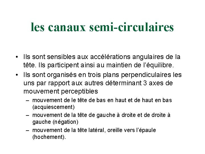 les canaux semi-circulaires • Ils sont sensibles aux accélérations angulaires de la tête. Ils