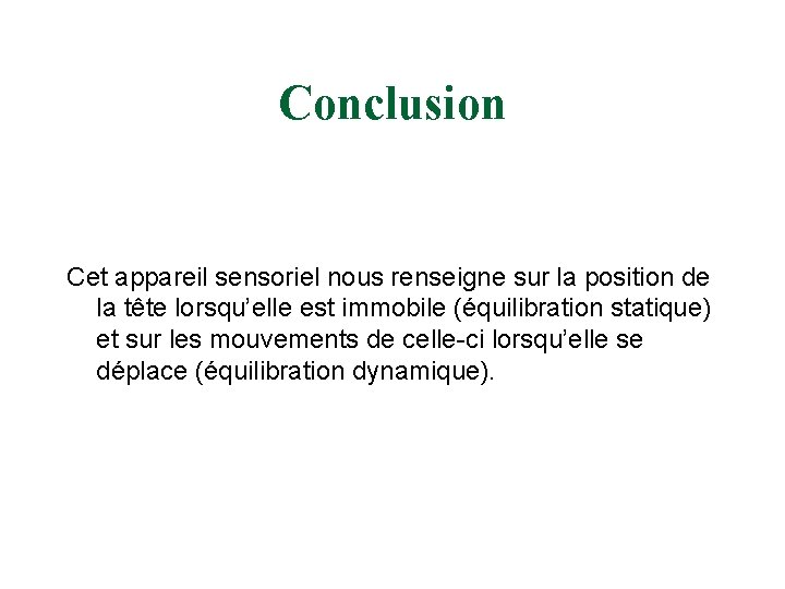 Conclusion Cet appareil sensoriel nous renseigne sur la position de la tête lorsqu’elle est
