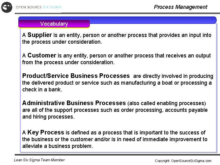 Process Management Vocabulary A Supplier is an entity, person or another process that provides