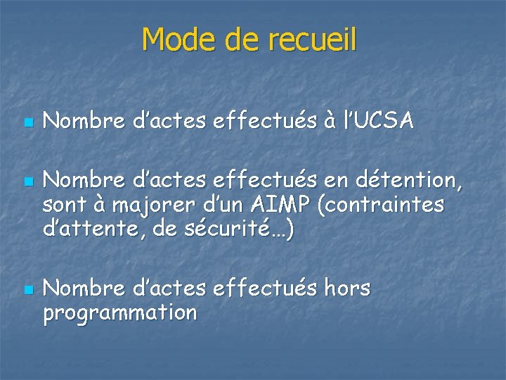 Mode de recueil n n n Nombre d’actes effectués à l’UCSA Nombre d’actes effectués