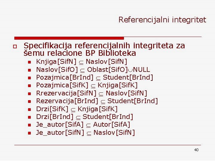 Referencijalni integritet o Specifikacija referencijalnih integriteta za šemu relacione BP Biblioteka n n n