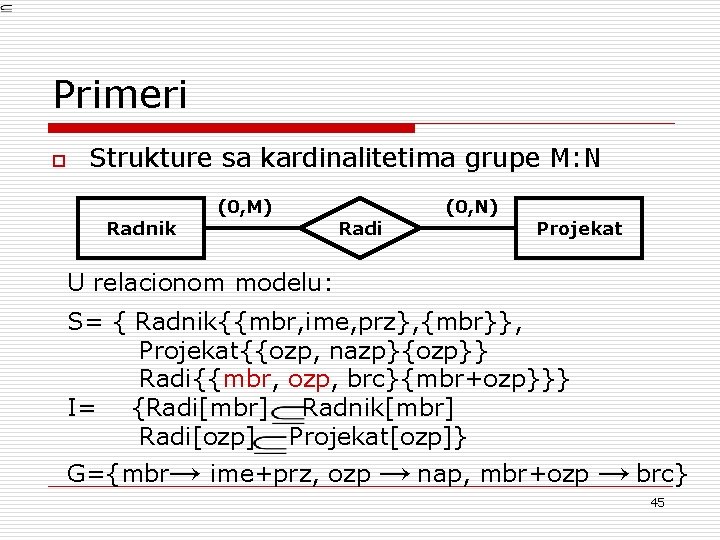 Primeri o Strukture sa kardinalitetima grupe M: N Radnik (0, M) Radi (0, N)