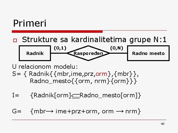 Primeri o Strukture sa kardinalitetima grupe N: 1 Radnik (0, 1) Raspoređen (0, N)