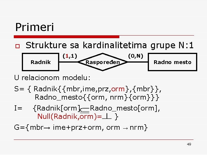 Primeri o Strukture sa kardinalitetima grupe N: 1 Radnik (1, 1) (0, N) Raspoređen