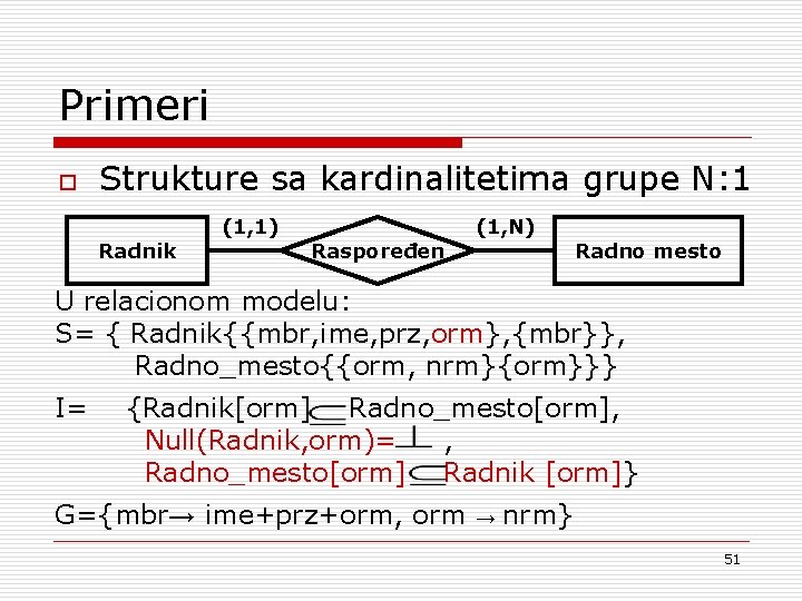 Primeri o Strukture sa kardinalitetima grupe N: 1 Radnik (1, 1) Raspoređen (1, N)