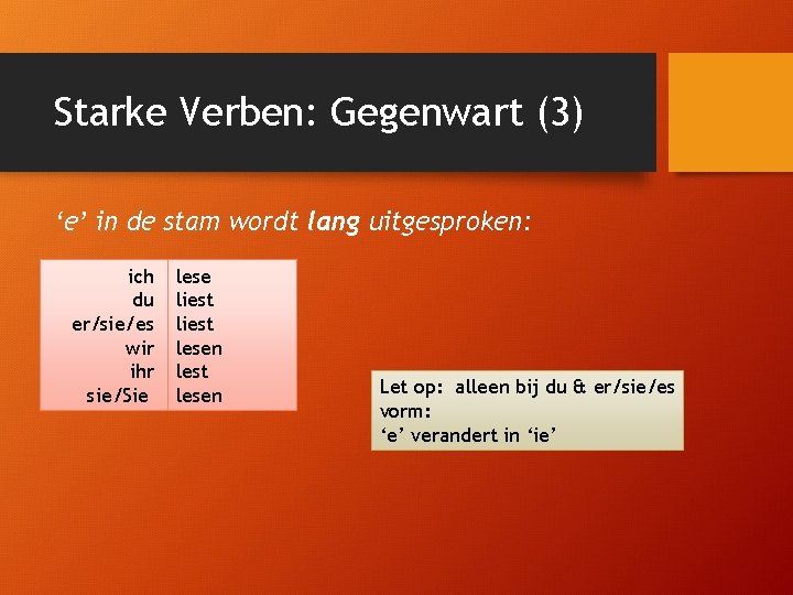 Starke Verben: Gegenwart (3) ‘e’ in de stam wordt lang uitgesproken: ich du er/sie/es