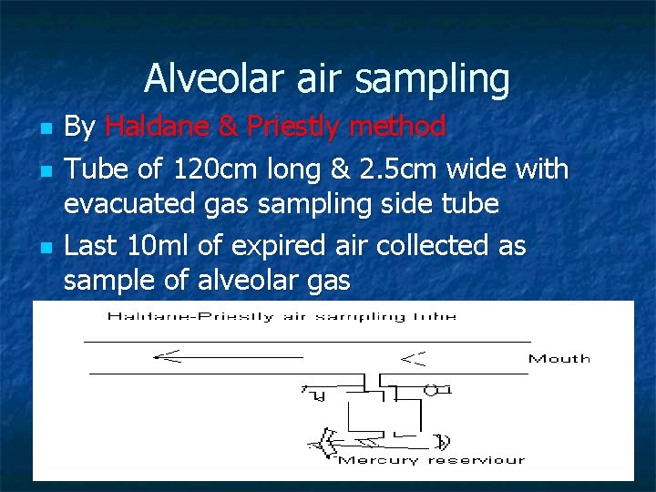Alveolar air sampling n n n By Haldane & Priestly method Tube of 120
