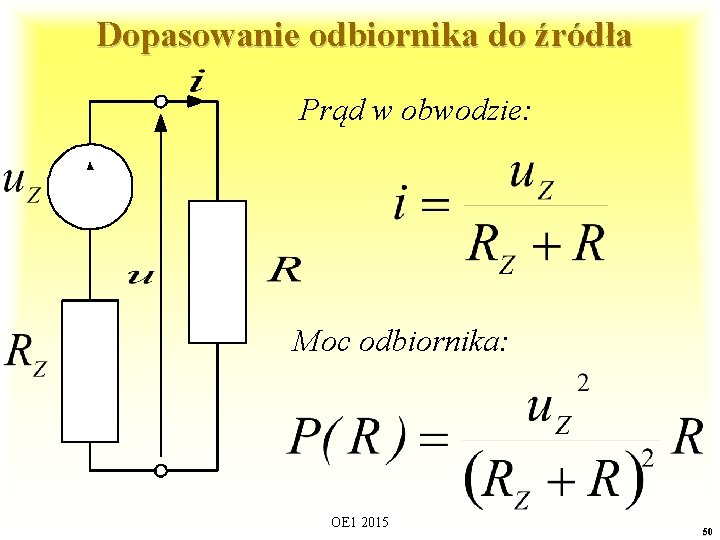 Dopasowanie odbiornika do źródła Prąd w obwodzie: Moc odbiornika: OE 1 2015 50 