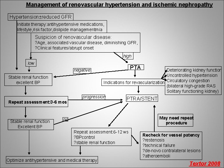 Management of renovascular hypertension and ischemic nephropathy Hypertension±reduced GFR Initiate therapy: antihypertensive medications, lifestyle,
