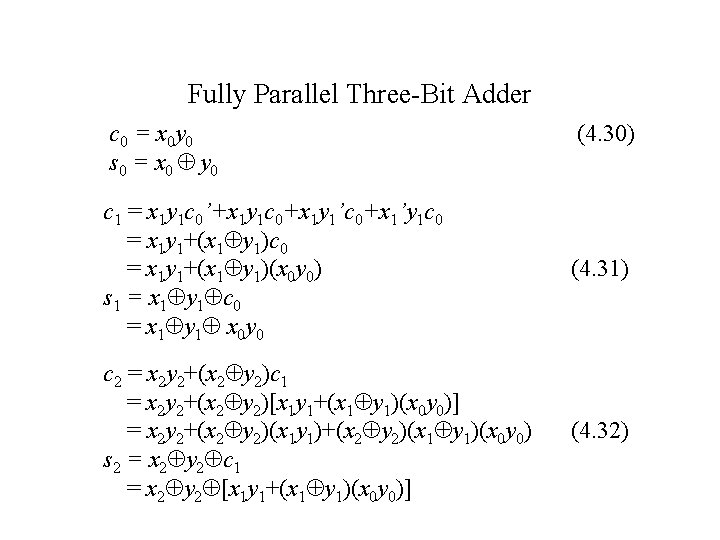 Fully Parallel Three-Bit Adder c 0 = x 0 y 0 s 0 = Fully Parallel Three-Bit Adder c 0 = x 0 y 0 s 0 =