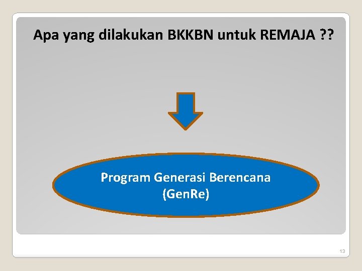 Apa yang dilakukan BKKBN untuk REMAJA ? ? Program Generasi Berencana (Gen. Re) 13