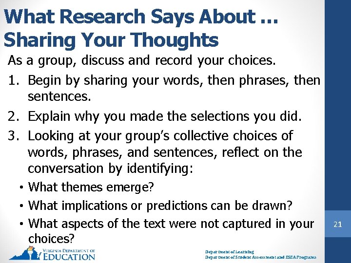 What Research Says About … Sharing Your Thoughts As a group, discuss and record