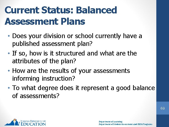 Current Status: Balanced Assessment Plans • Does your division or school currently have a