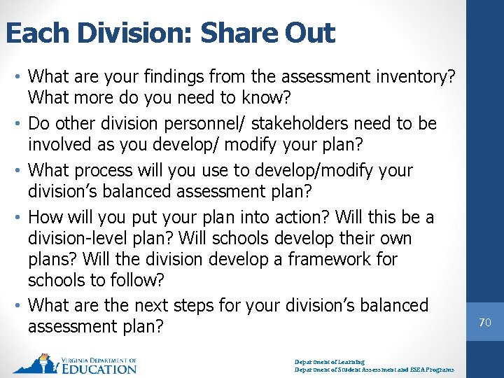 Each Division: Share Out • What are your findings from the assessment inventory? What