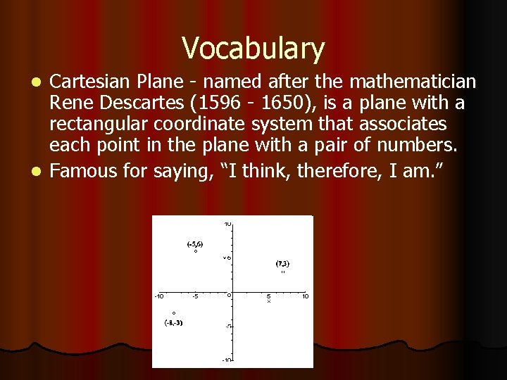 Vocabulary Cartesian Plane - named after the mathematician Rene Descartes (1596 - 1650), is