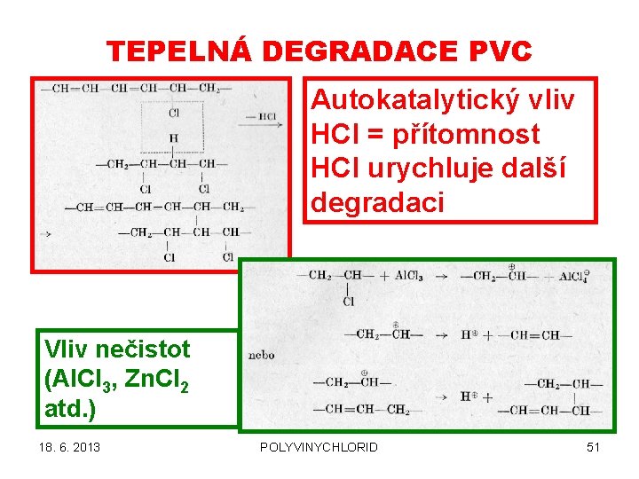 TEPELNÁ DEGRADACE PVC Autokatalytický vliv HCl = přítomnost HCl urychluje další degradaci Vliv nečistot