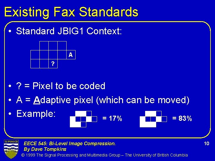 Existing Fax Standards • Standard JBIG 1 Context: A ? • ? = Pixel
