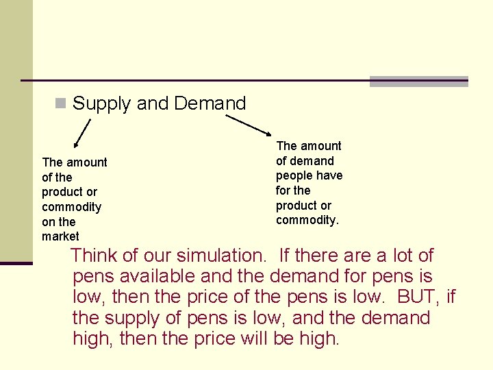 n Supply and Demand The amount of the product or commodity on the market