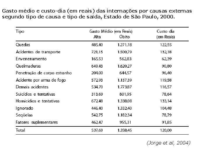 Gasto médio e custo-dia (em reais) das internações por causas externas segundo tipo de