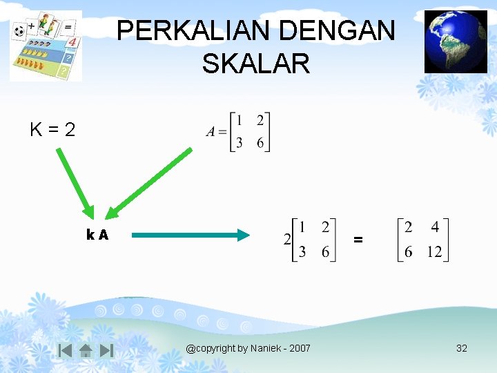 PERKALIAN DENGAN SKALAR K=2 k. A = @copyright by Naniek - 2007 32 