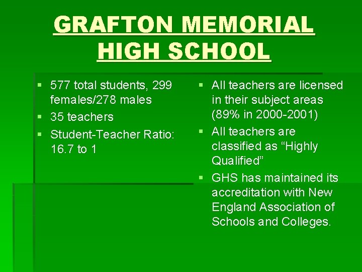 GRAFTON MEMORIAL HIGH SCHOOL § 577 total students, 299 females/278 males § 35 teachers