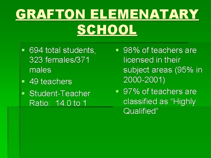 GRAFTON ELEMENATARY SCHOOL § 694 total students, 323 females/371 males § 49 teachers §