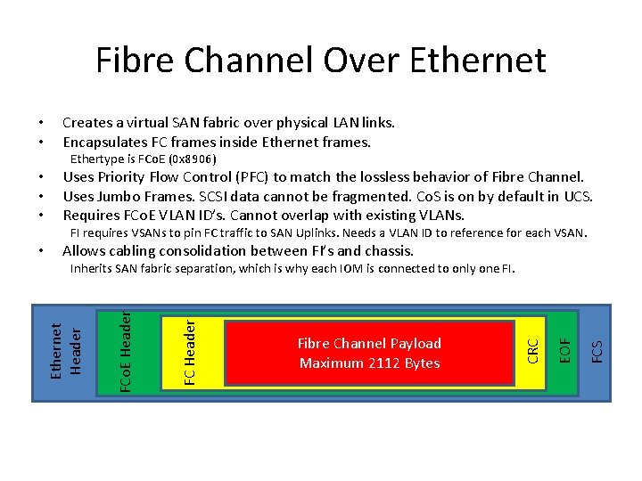 Fibre Channel Over Ethernet • • Creates a virtual SAN fabric over physical LAN