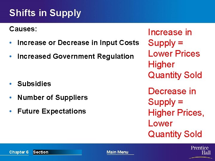 Shifts in Supply Causes: • Increase or Decrease in Input Costs • Increased Government