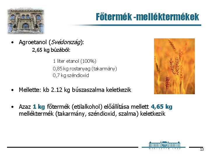 Főtermék -melléktermékek • Agroetanol (Svédország): 2, 65 kg búzából: 1 liter etanol (100%) 0,