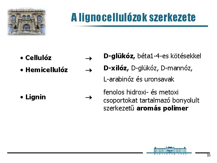 A lignocellulózok szerkezete • Cellulóz D-glükóz, béta 1 4 es kötésekkel • Hemicellulóz D-xilóz,