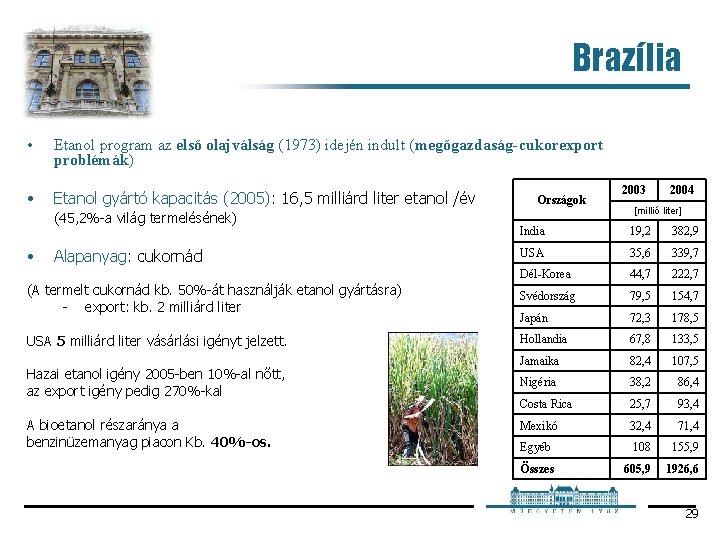 Brazília • Etanol program az első olajválság (1973) idején indult (megőgazdaság-cukorexport problémák) • Etanol