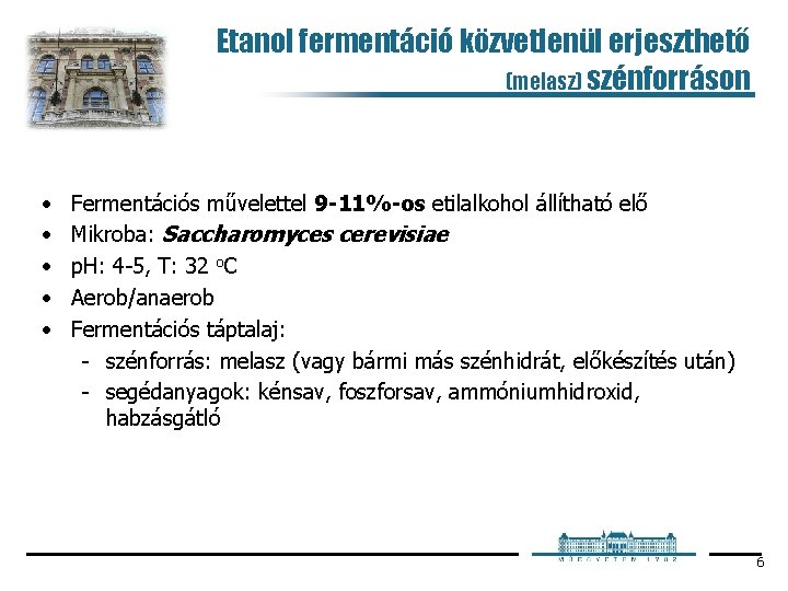 Etanol fermentáció közvetlenül erjeszthető (melasz) szénforráson • • • Fermentációs művelettel 9 -11%-os etilalkohol