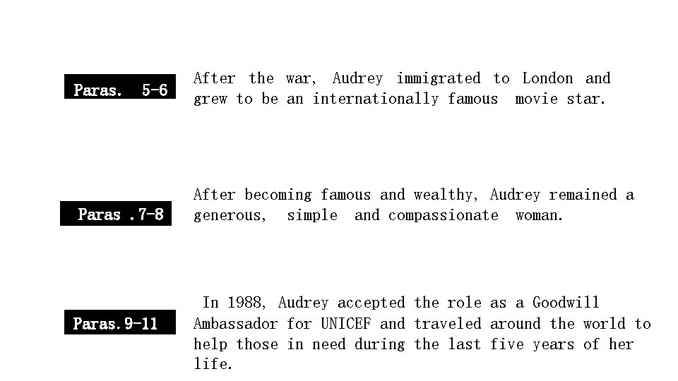 Paras. 5 -6 Paras. 7 -8 Paras. 9 -11 After the war, Audrey immigrated