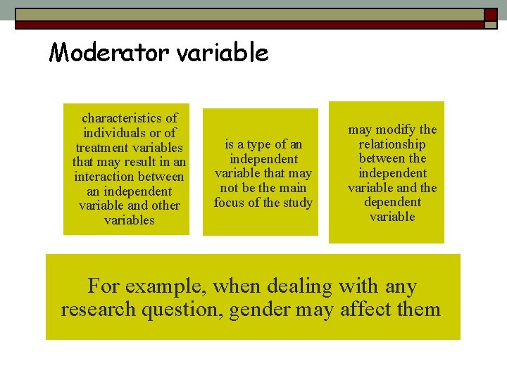 Moderator variable characteristics of individuals or of treatment variables that may result in an