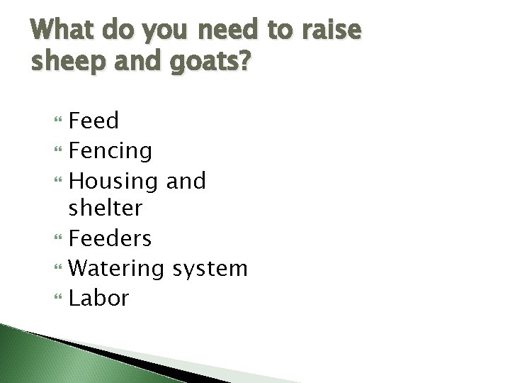 What do you need to raise sheep and goats? Feed Fencing Housing and shelter