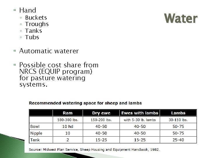  Hand Automatic waterer ◦ ◦ Buckets Troughs Tanks Tubs Possible cost share from