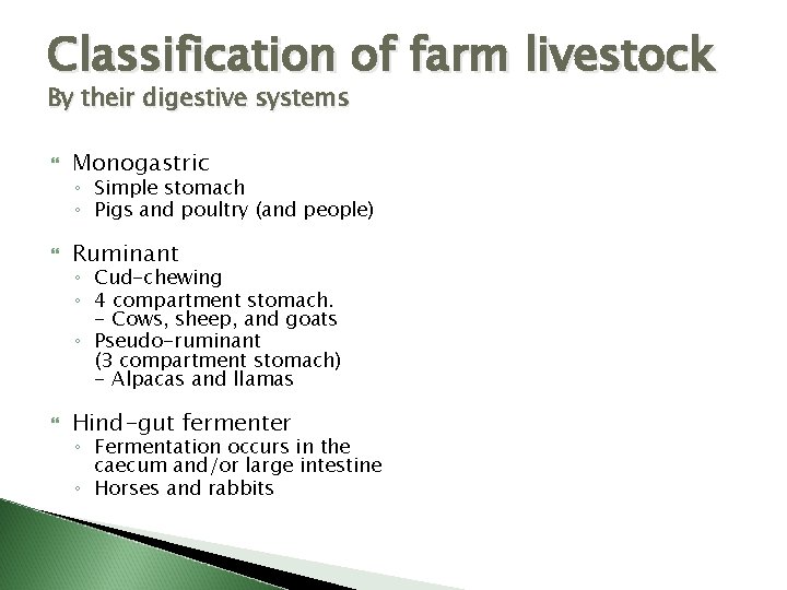 Classification of farm livestock By their digestive systems Monogastric Ruminant Hind-gut fermenter ◦ Simple