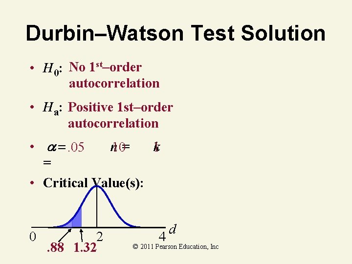 Durbin–Watson Test Solution • H 0: No 1 st–order autocorrelation • Ha: Positive 1