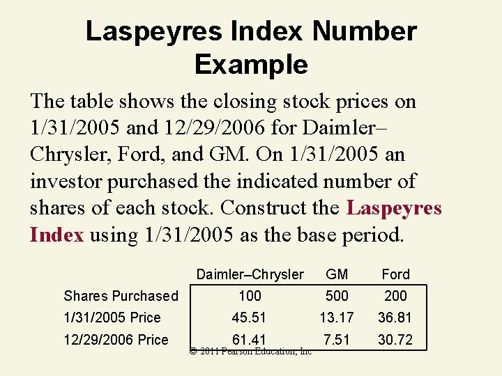 Laspeyres Index Number Example The table shows the closing stock prices on 1/31/2005 and
