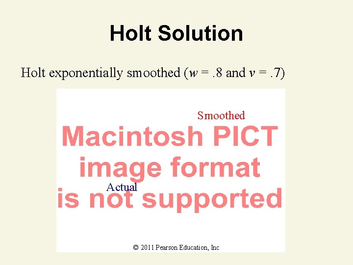 Holt Solution Holt exponentially smoothed (w =. 8 and v =. 7) Smoothed Actual