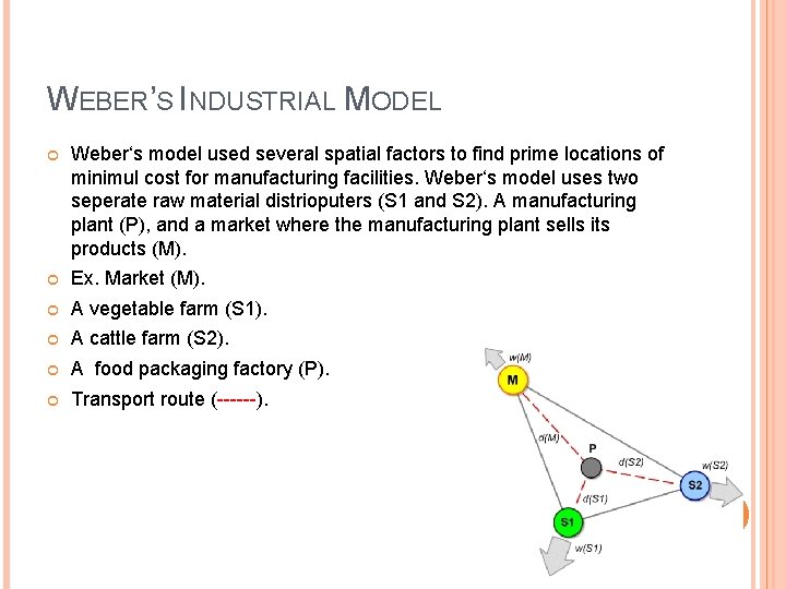 WEBER’S INDUSTRIAL MODEL Weber‘s model used several spatial factors to find prime locations of WEBER’S INDUSTRIAL MODEL Weber‘s model used several spatial factors to find prime locations of