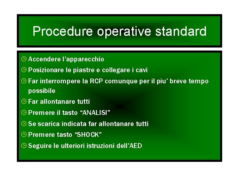 Procedure operative standard Accendere l’apparecchio Posizionare le piastre e collegare i cavi Far interrompere