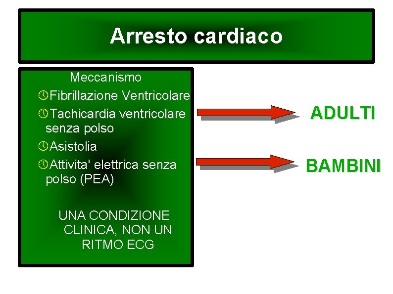 Arresto cardiaco Meccanismo Fibrillazione Ventricolare Tachicardia ventricolare senza polso Asistolia Attivita' elettrica senza polso