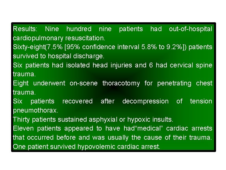 Results: Nine hundred nine patients had out-of-hospital cardiopulmonary resuscitation. Sixty-eight(7. 5% [95% confidence interval